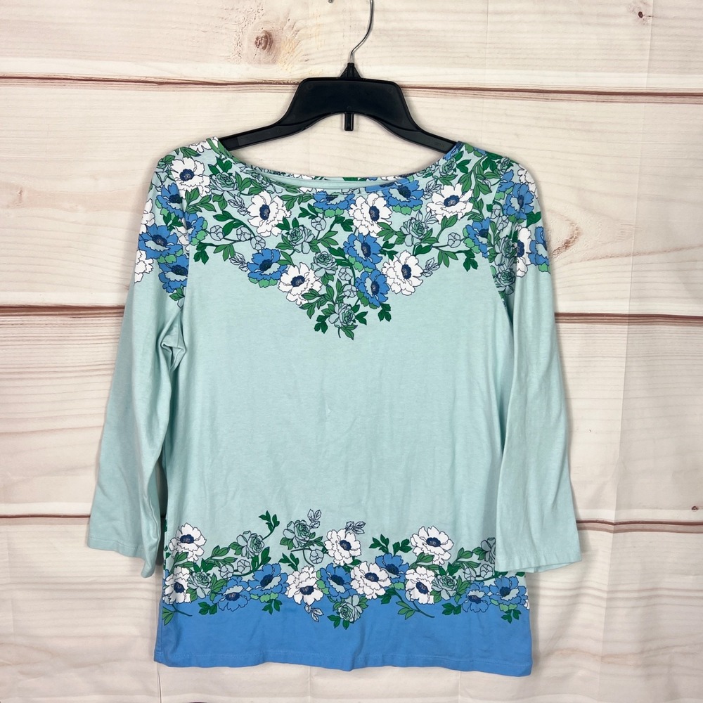 Talbots Top Womens M Blue Green Cotton Floral Talbots Tee Boat Neck T-Shirt Knit